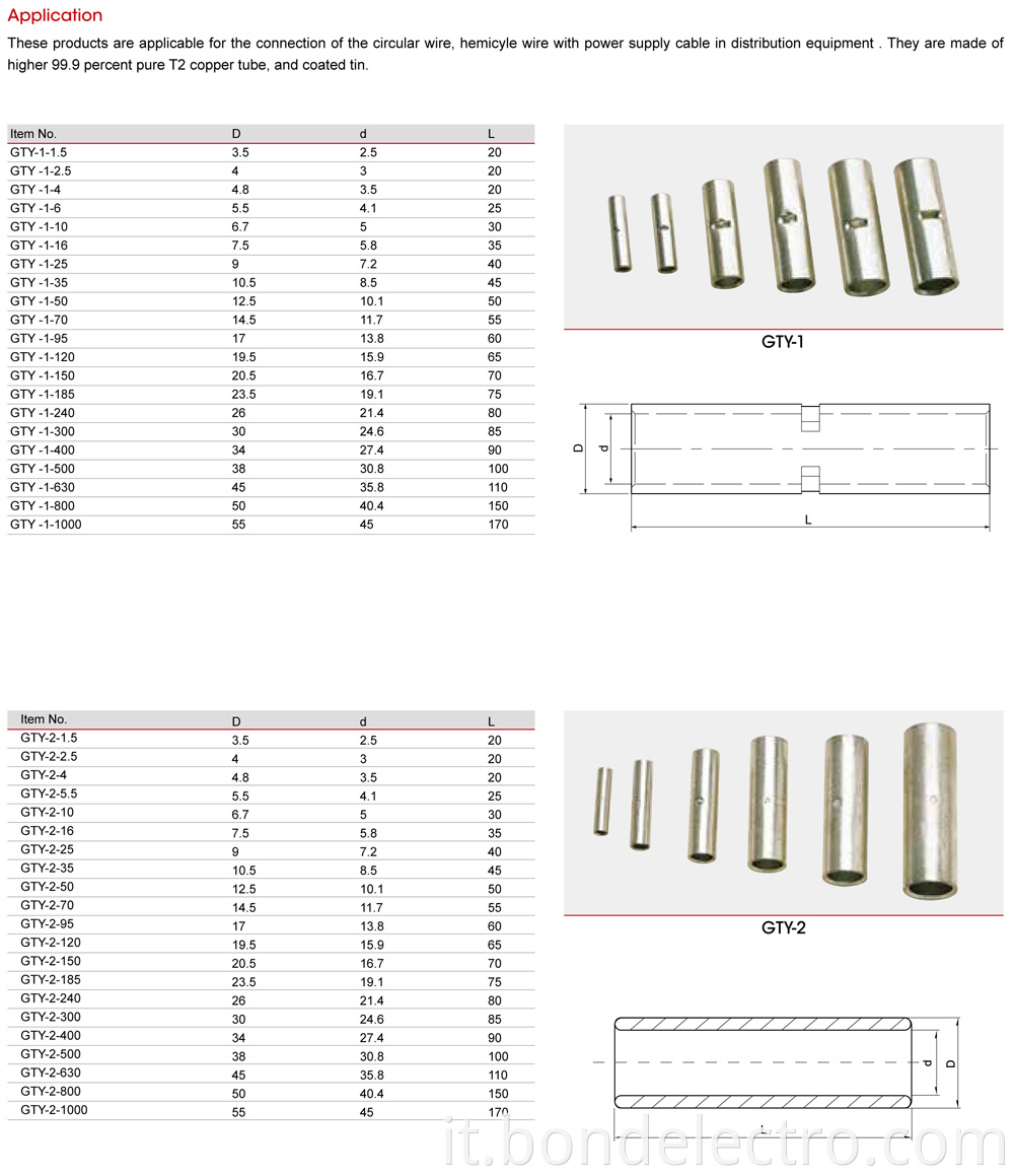 Parameter of GTY Type Copper Butt Connectors